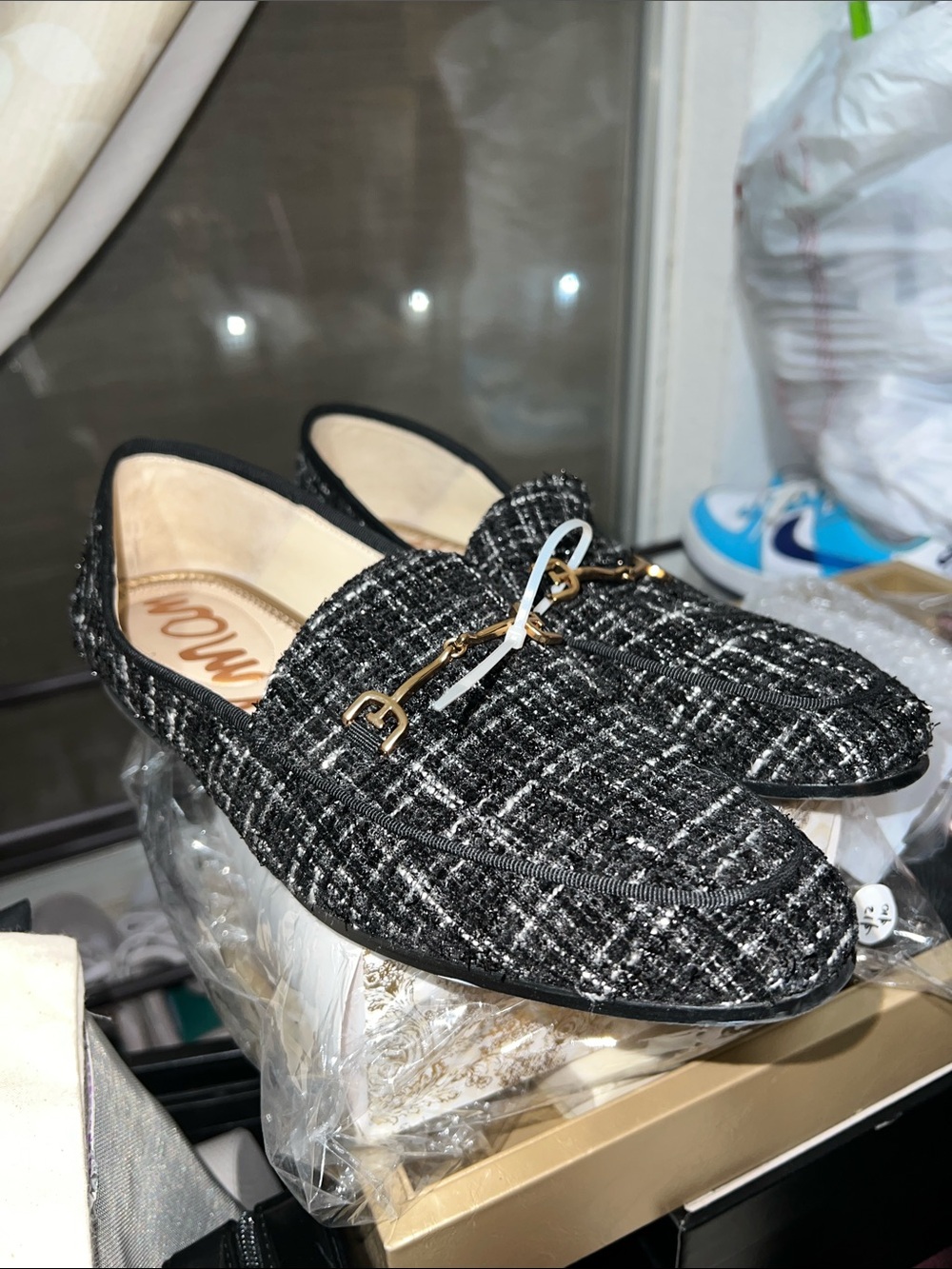 Sam Edelman Black and White Tweed Loafers with Gold Horsebit